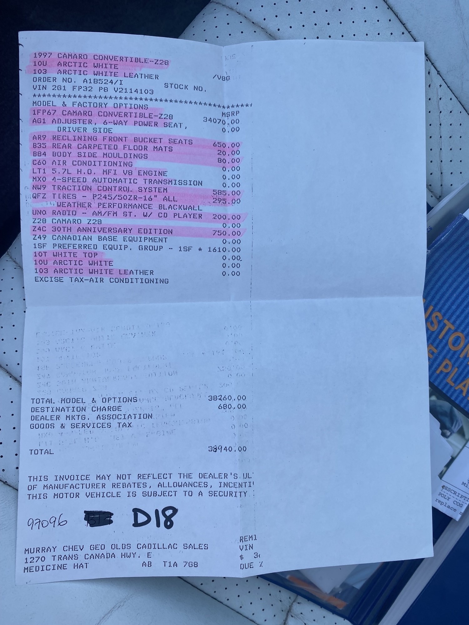 1997 Camaro Z28 Convertible RPO Codes