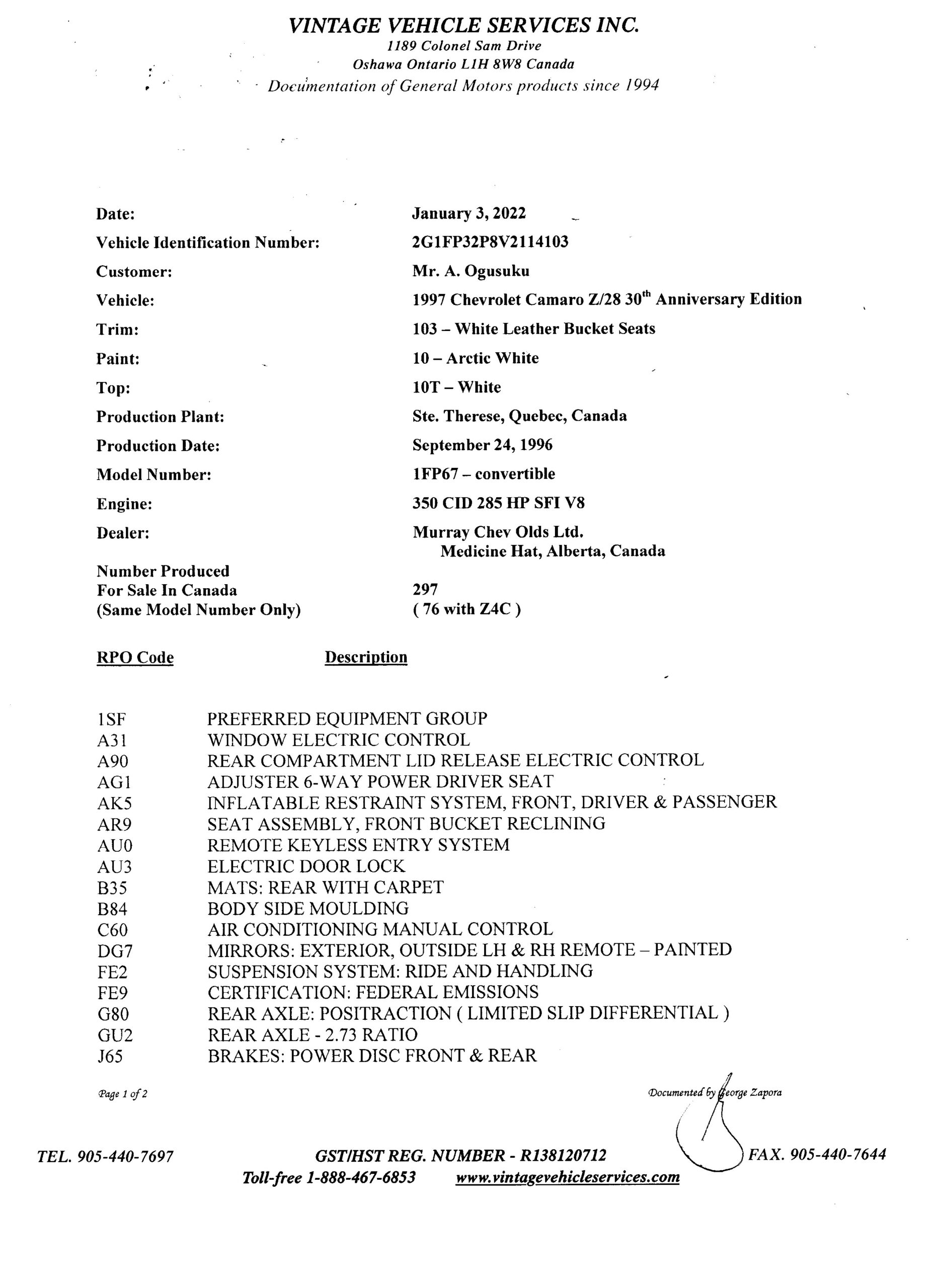 Build Sheet pg 1 1997 Camaro Z28
